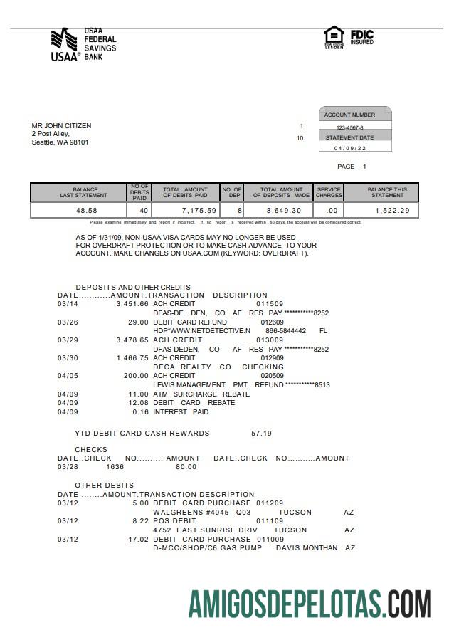 Exemplo de extrato bancário USAA dos EUA, 5 páginas